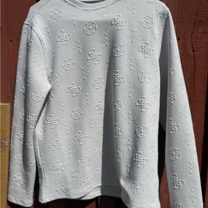 Guess Men's White Crewneck Sweater with Embossed Logo Texture